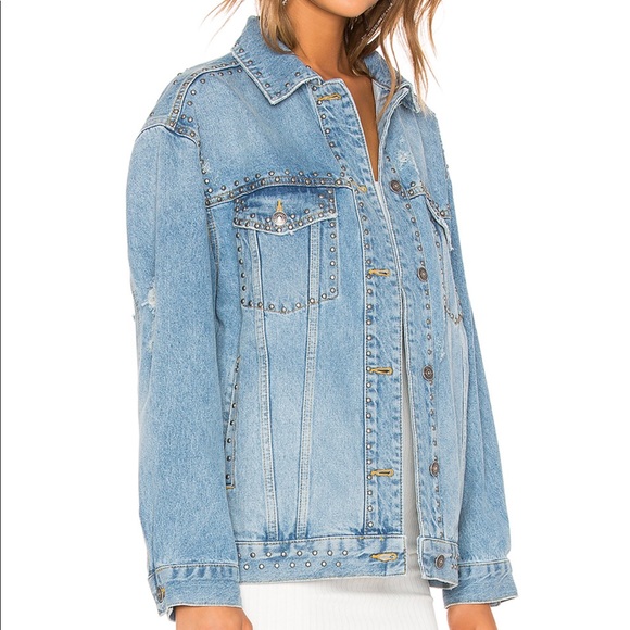 Free People Studded Denim Trucker Jacket in Blue. - Picture 4 of 4